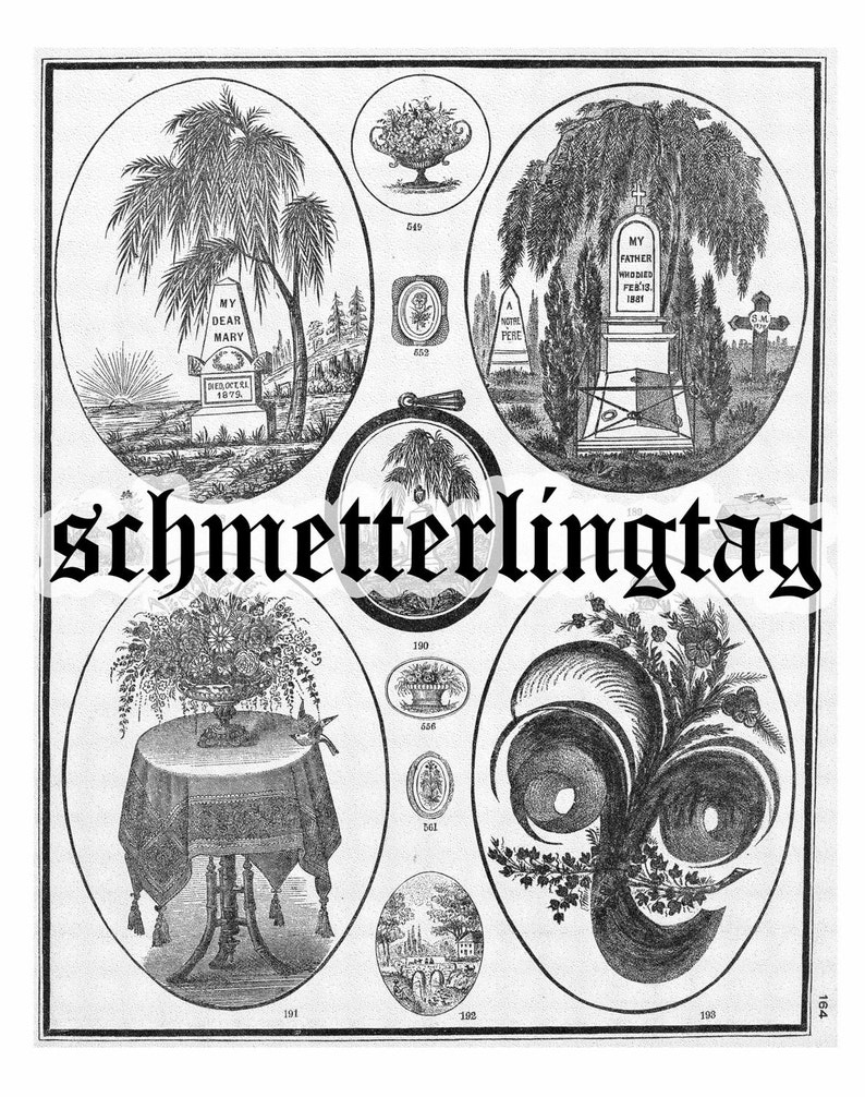 May include: A black and white illustration of a cemetery with four headstones. The headstones are decorated with flowers, trees, and the text "My Dear Mary Died Over 1879", "A Pere", "My Father Died Feb 1841", and "Schmetterlingtag".