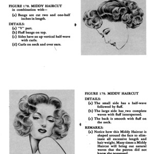 May include: Two black and white illustrations of women's hairstyles. The first image shows a woman with a short, wavy hairstyle with curls on the neck and over the ears. The second image shows a woman with a longer, wavy hairstyle with fluff on the sides and back. The text in the image reads "Figure 178. Middy Haircut" and "Figure 179. Middy Haircut".