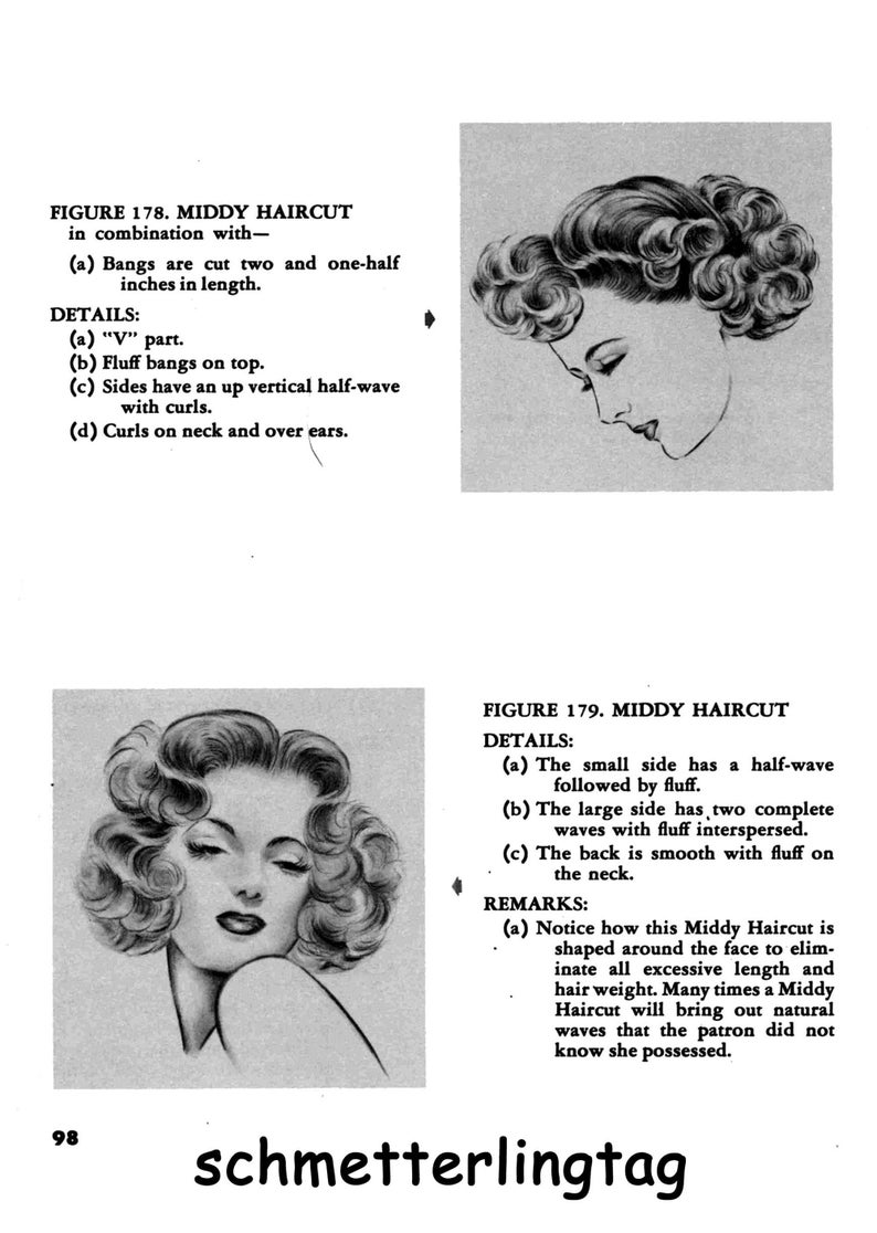 May include: Two black and white illustrations of women's hairstyles. The first image shows a woman with a short, wavy hairstyle with curls on the neck and over the ears. The second image shows a woman with a longer, wavy hairstyle with fluff on the sides and back. The text in the image reads "Figure 178. Middy Haircut" and "Figure 179. Middy Haircut".
