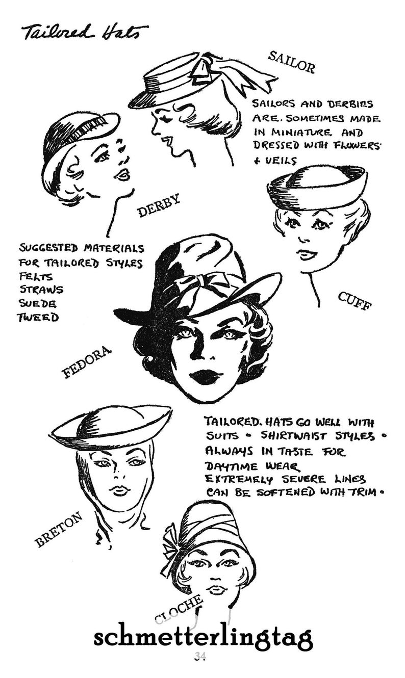 May include: Black and white illustration of tailored hats, including a Derby, Fedora, Breton, and Cloche. Text suggests materials like felt and tweed. The image also features the text "schmetterlingtag".