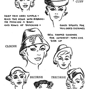 May include: Black and white illustration of various tailored hats, including a halo, cuff, cloche, bicorne, and tricorne styles. Text includes instructions on trimming and materials. The word "schmetterlingtag" is also present.