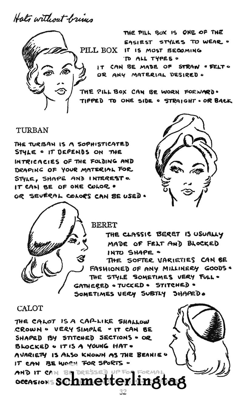 May include: Line drawing of various hat styles without brims, including a pillbox, turban, beret, and calot. Text describes each hat's characteristics, materials, and how it can be worn. The word "Schmetterlingtag" is at the bottom.
