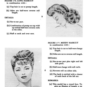 May include: Two black and white illustrations of women's hairstyles. The first hairstyle is a long haircut with a pomp on top and reverse rolls on the sides. The second hairstyle is a middy haircut with half-wave bangs and reverse rolls on the sides. The text "FIGURE 176. LONG HAIRCUT" and "FIGURE 177. MIDDY HAIRCUT" is included in the image.