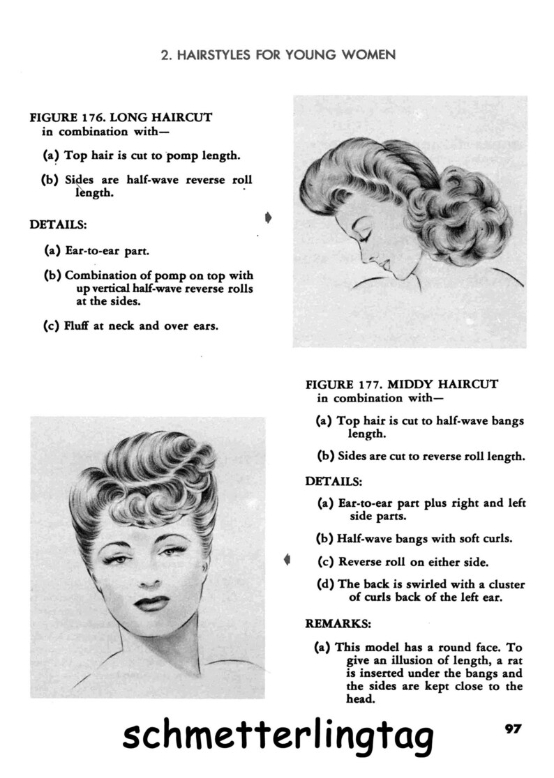 May include: Two black and white illustrations of women's hairstyles. The first hairstyle is a long haircut with a pomp on top and reverse rolls on the sides. The second hairstyle is a middy haircut with half-wave bangs and reverse rolls on the sides. The text "FIGURE 176. LONG HAIRCUT" and "FIGURE 177. MIDDY HAIRCUT" is included in the image.