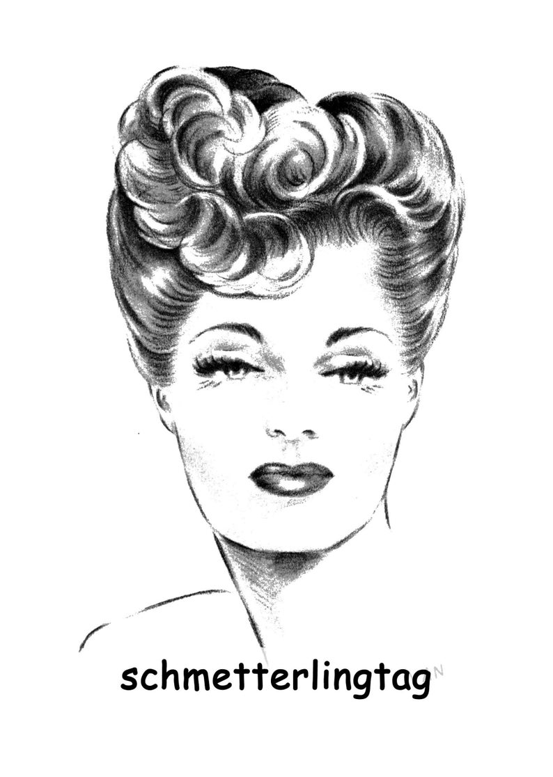 May include: A black and white line drawing of a woman with a vintage hairstyle. The woman has a serious expression and is looking directly at the viewer. The text "schmetterlingtag" is written below the image.