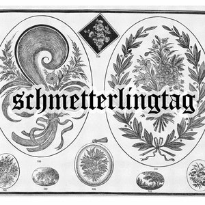 May include: Black and white illustration of different floral designs. The designs are in oval frames and feature a variety of flowers, leaves, and swirls. The text "schmetterlingtag" is printed in bold, black letters across the center of the image.
