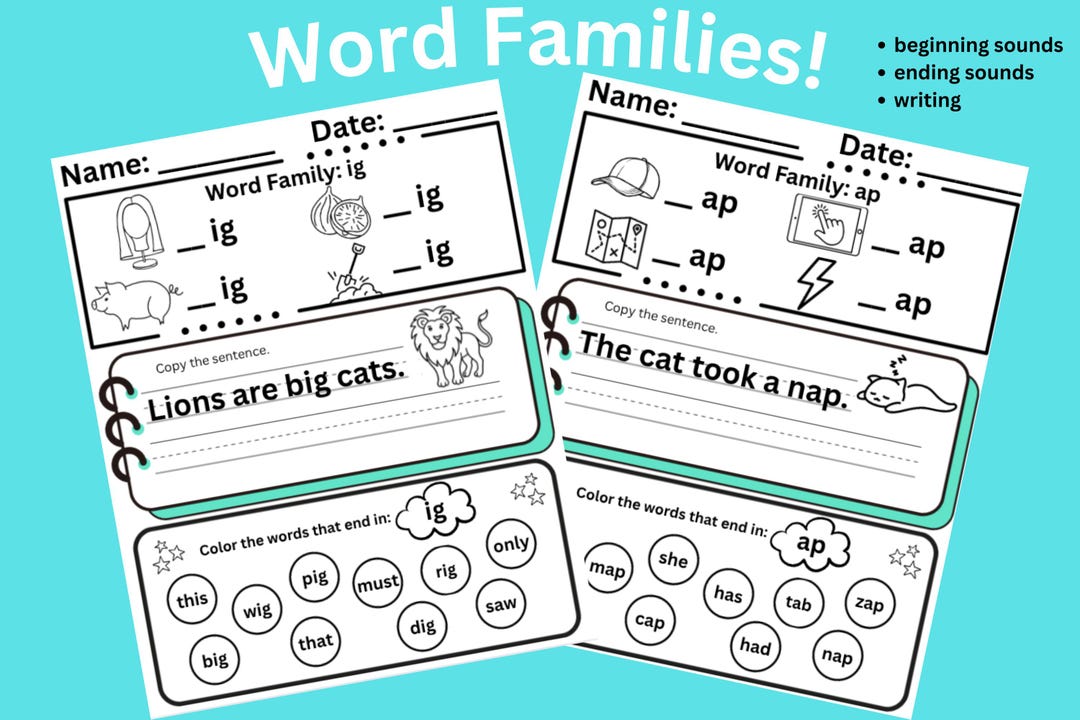 Word Families, CVC Words, Printable Worksheets, Phonics, Sight Words