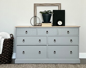 Solid Pine Neutral Gray Dresser; Gray Nursery Dresser; Modern Farmhouse Dresser; 7-Drawer Bedroom Dresser