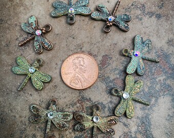 Copper electroplated Dragonfly charms patina crystal handmade ooak elasia