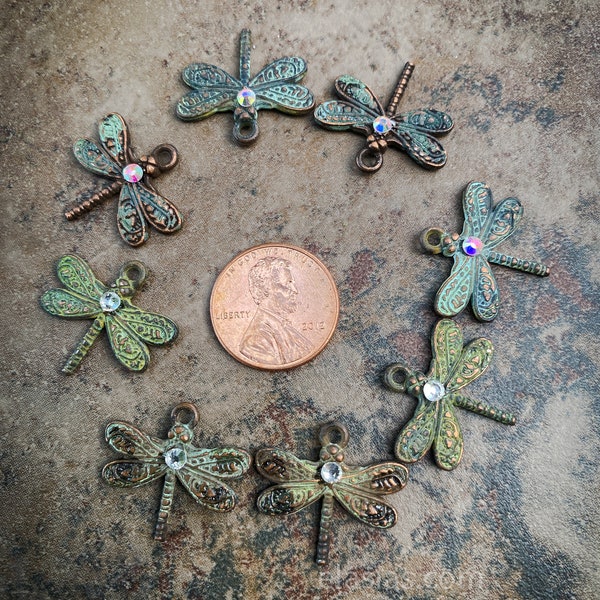 Copper electroplated Dragonfly charms patina crystal handmade ooak elasia