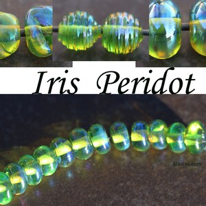 Iris Peridot - Handmade Glass Lampwork metallic green Beads Elasia