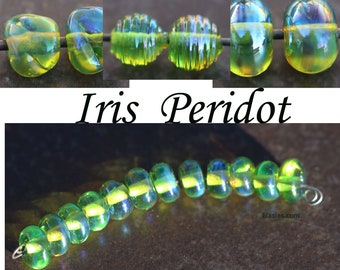 Green Iris Peridot - Handmade Glass Lampwork metallic iridescent green Beads SRA MTO Elasia