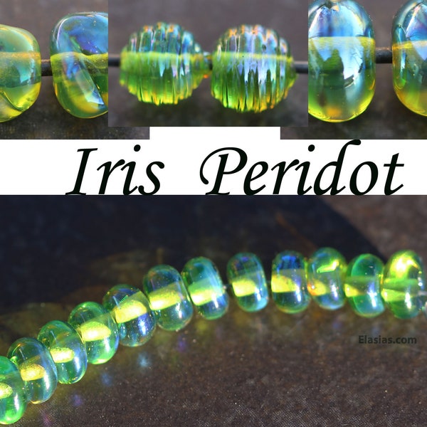 Green Iris Peridot - Handmade Glass Lampwork metallic iridescent green Beads SRA MTO Elasia