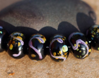 Aishe - Handmade Lampwork Glass Black Tan Brown lavender Round Beads