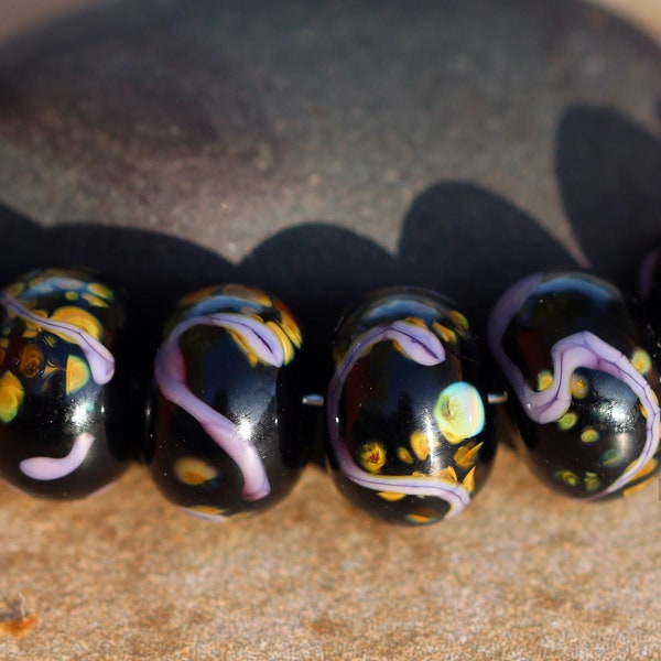 Aishe - Handmade Lampwork Glass Black Tan Brown lavender Round Beads