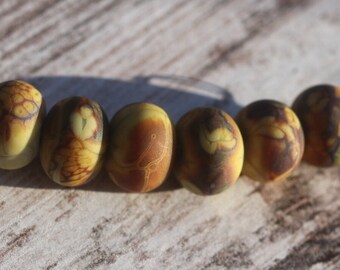 Handmade Glass Lampwork Round Beads yellow gold mustard brown earthy organic ready to ship