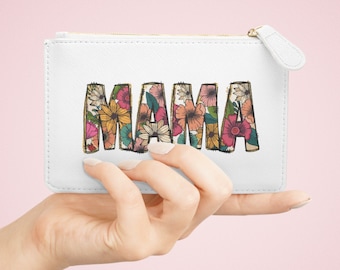 Mama Mini Clutch Bag, Florale Mama Tasche, Veganes Leder Portemonnaie, Muttertagsgeschenk, Weißes Veganes Leder Portemonnaie, Florales Mama Portemonnaie, Weihnachtsgeschenk