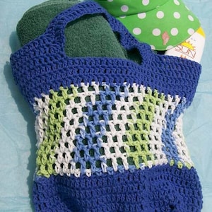 Crochet Market Tote Bag Pattern, Blue Stripes Tote
