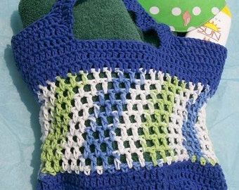 Crochet Market Tote Bag Pattern, Blue Stripes Tote