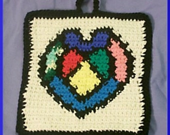 Crochet Pattern, Stained Glass Heart Potholder