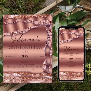 Rose Gold Invitation Template, Glitter Rose Printable & Text Invitations, Birthday Evite, rose gold digital invitation, Email SMS Invitation