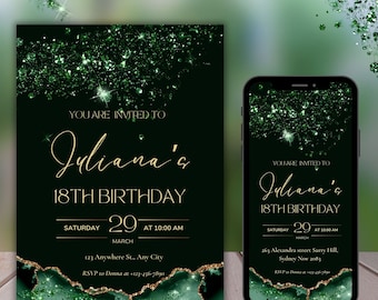 Green Glitter 18th Birthday Invitation Template (Digital Download)
