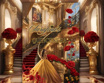 May include: A quinceañera backdrop featuring a golden staircase with red roses and a young woman in a yellow gown. The text "Sarfina's Quinceañera" is displayed at the top of the image.