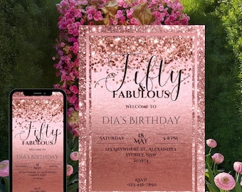 50 And Fabulous Invitation, 50th Birthday Invitations Classy, 50th Elegant Invitations, Instant Download invitation, Rose Gold Glitter Evite