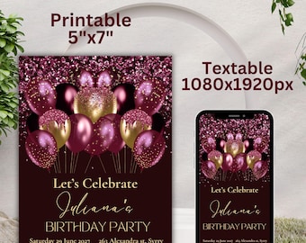 Burgundy Glitter Balloons 21st Birthday Invitation (Digital Download)