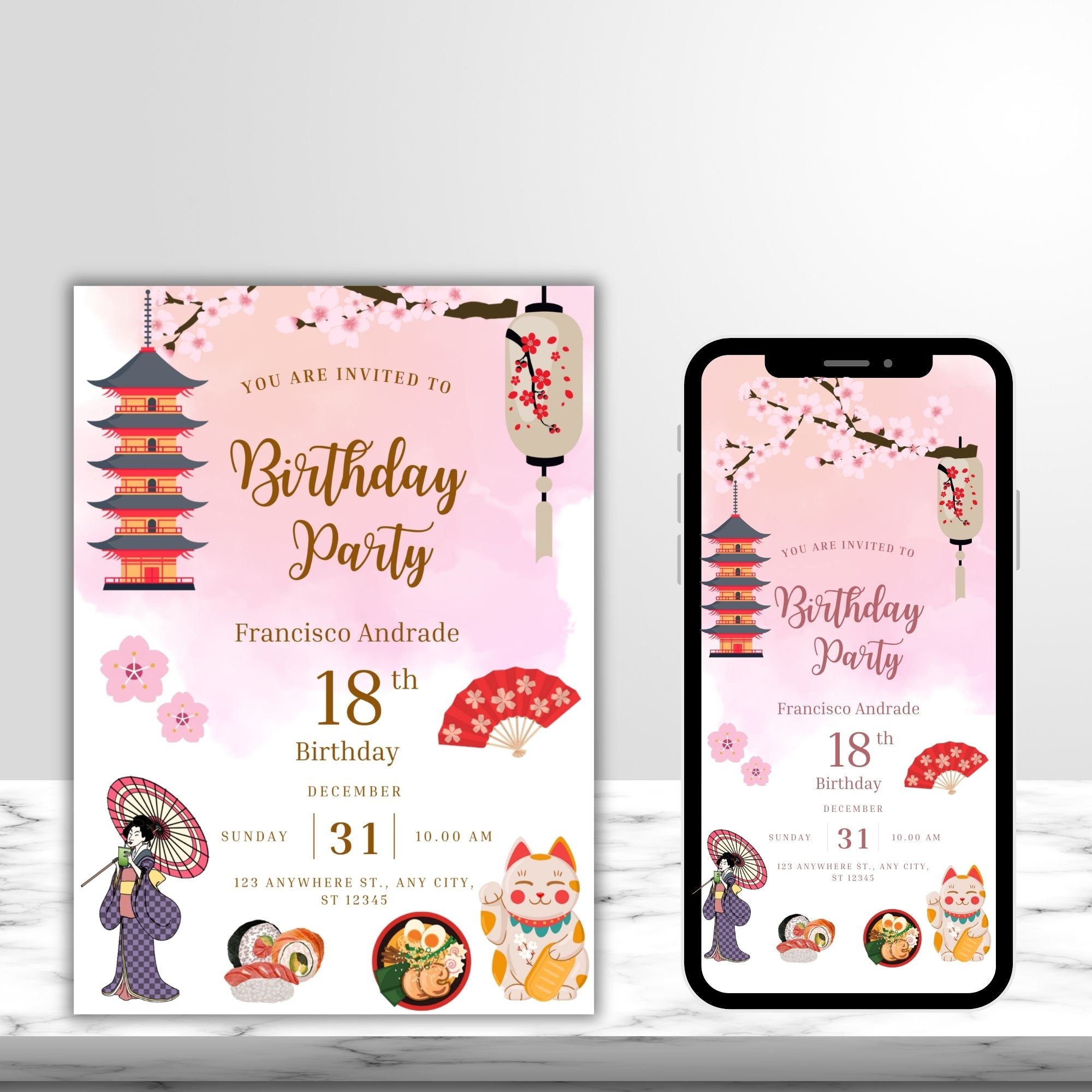 Japanese Birthday Party Invitation, Cherry Blossom, Sushi Theme