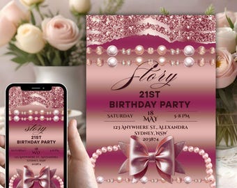21st birthday brunch invite, instant download 21st birthday invitation, invitation 21 dinner, Elegant Chic Feminine glitter rose 21st evite