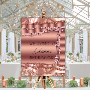 Birthday welcome sign rose gold, Printable Rose Gold Birthday Welcome Sign Template, Glitter sign, Editable birthday sign