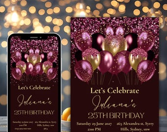 25th Birthday Invitation, Burgundy Glitter Balloons, Printable & Text (Digital)