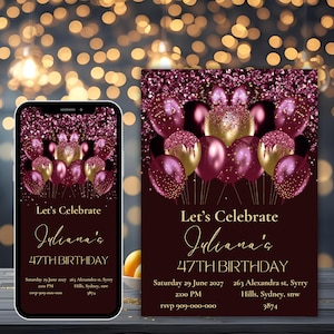 Digital 47th Birthday Party Invitation, Editable Template, Women 47th Birthday, Phone Text Message, Instant Download, Digital Invite
