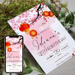 Invito modificabile per festa cinese, invito lanterna cinese, invito compleanno cinese, modello modificabile, testo stampabile fiori di ciliegio rosa