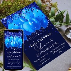 Royal blue invitation template, Royal Blue Glitter Any Occasion Invite, Printable & Textable Invite, Editable invitation template