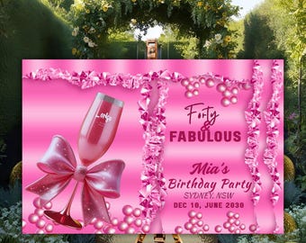 Cartel de cumpleaños "Cuarenta y fabuloso", color champán con purpurina rosa (digital)