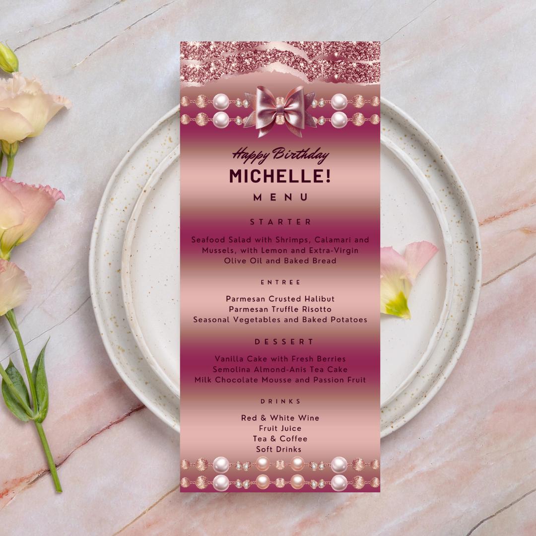 Rose Gold Menu Template, Birthday Dinner Menu Template, Elegant ...
