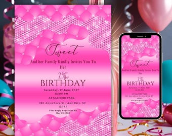 Pink Glitter 25th Birthday Invitation, Wavy Evite (Digital Download)