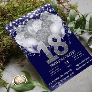Digital 18th Birthday Party Navy Blue Silver Balloons Invitation, Instant Download Invitation, Editable Electronic Phone Text Message Evite
