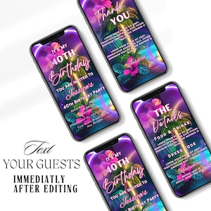 Digital 40th Forty Birthday Party Tropical Palm Pink Neon Invitation, Instant Download, Editable Template, Electronic Phone Text Email Evite