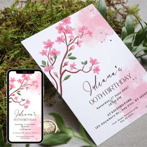 90th Birthday Invitation Template, Floral 90 Years Loved Birthday Invitation Template, Elegant 90th Invite, Pink Cherry Blossom 90th Invite