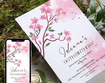 Floral 90th Birthday Invitation Template, Pink Cherry Blossom (Digital Download)