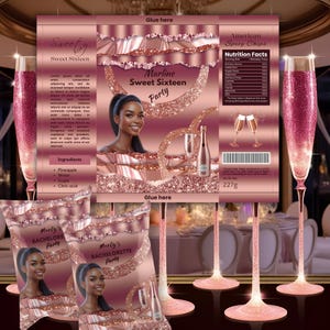 Sweet Sixteen Chip Bag, Happy 17th Birthday Chip Bag, 18th Birthday Chip Bag Template, Rose Gold Glitter Chip Bag, 21st birthday chip bag