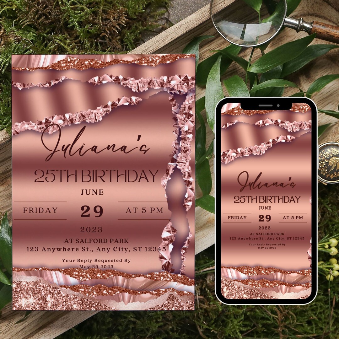Rose Gold Invitation Template, Glitter Rose Printable & Text