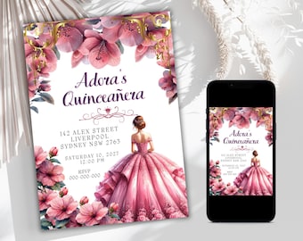 Blush Pink Floral QuinceaÝera Einladung, bearbeitbar Sweet 15 Invite (digitaler Download)