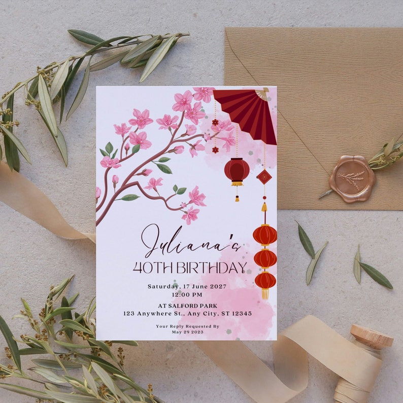Japan Invite Printable Cherry Blossom Birthday Invitation Set (digital Download) - Etsy