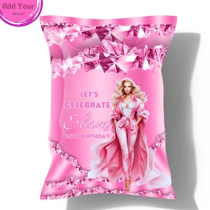 modelo de bolsa de chip rosa, bolsa de chip rosa e dourada, bolsa de chip com imagem