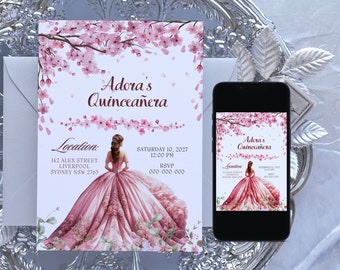 Floral Cherry Blossom Quinceanera Invitation (Digital Download)
