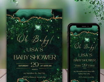 emerald green baby shower invitation, Glitter Gold Agate, Printable & Text Invitations, Editable Invitation, Instant Download, Evite
